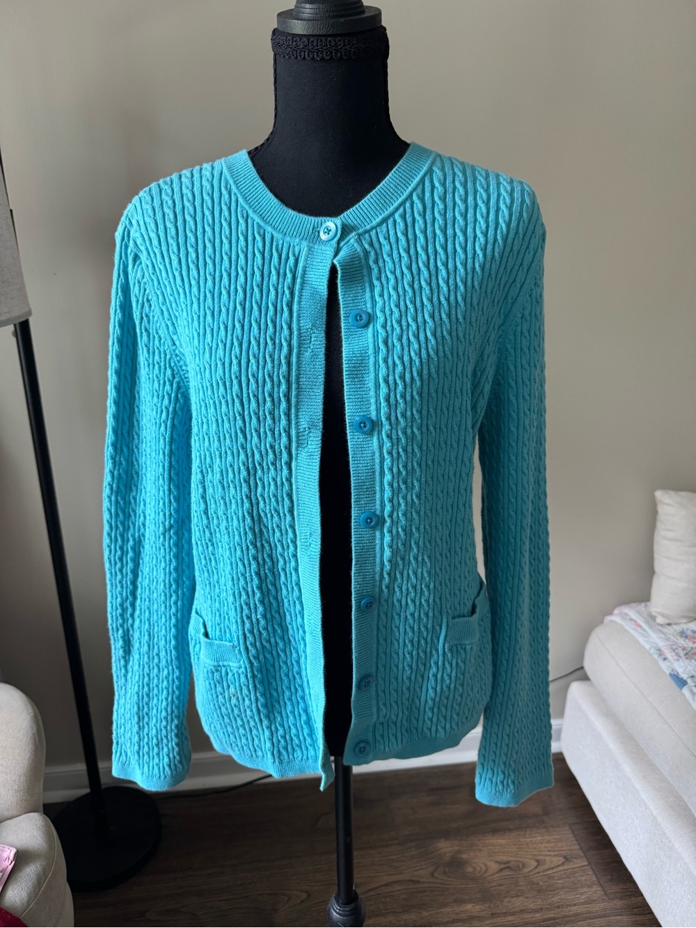 Jones New York Turquoise Cable-Knit Button Front Cardigan
